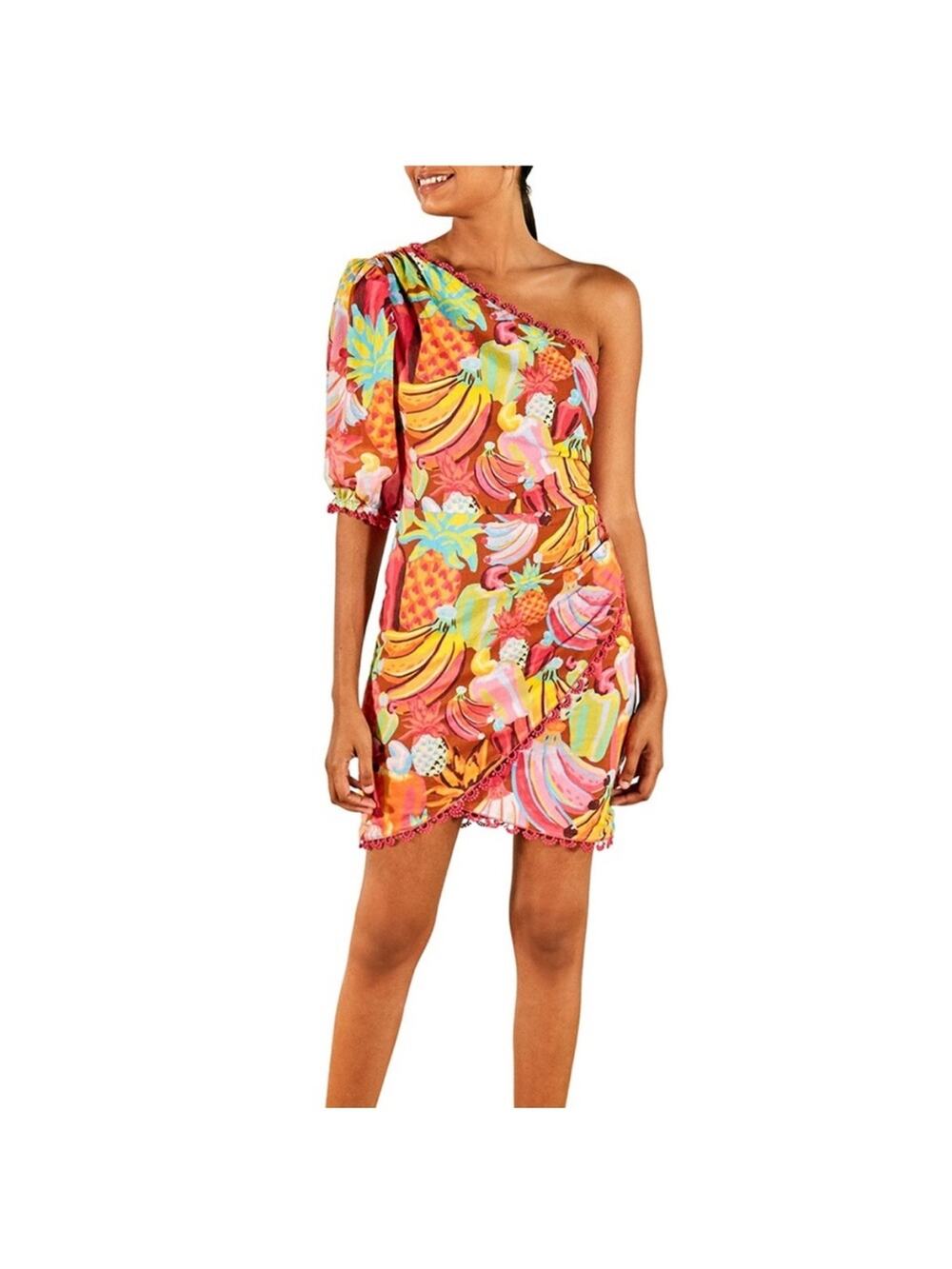 FARM Rio Fruit‎ Salad Mini Dress Womens Small Orange Excellent One Shoulder